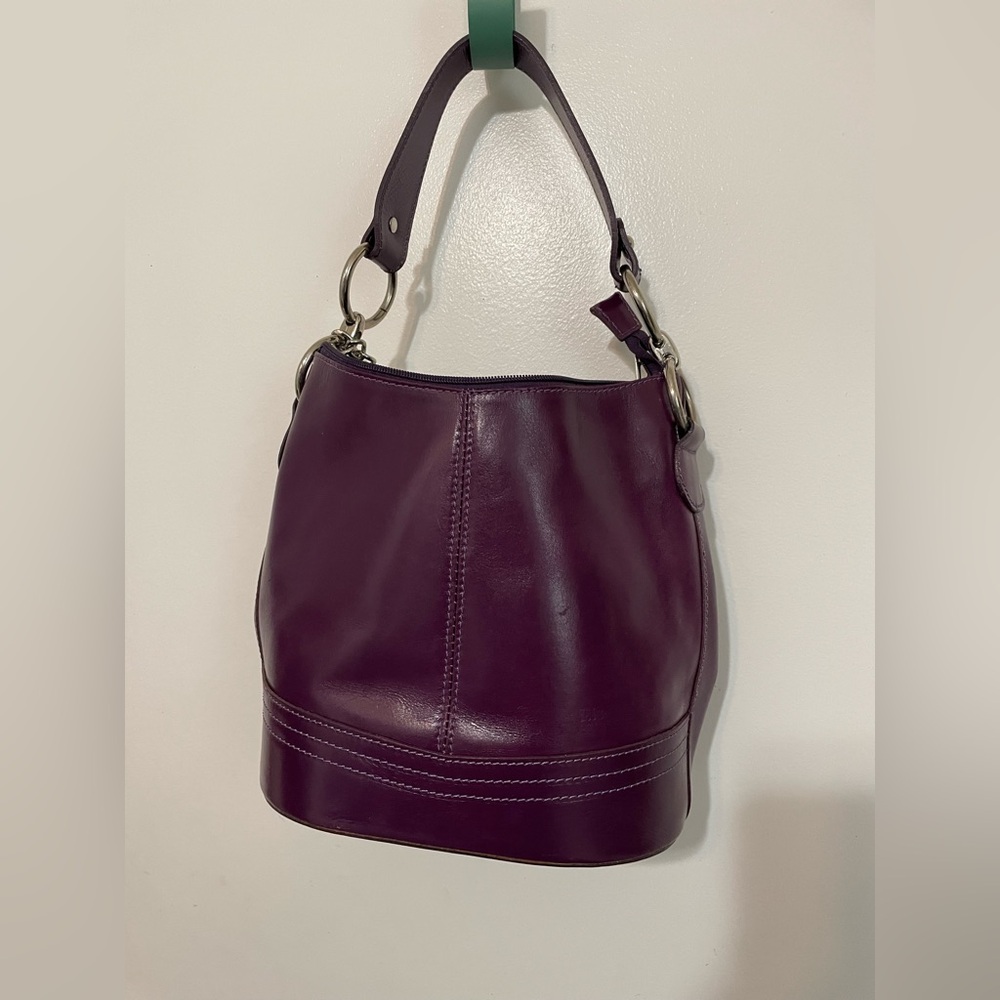 Genuine Leather Eggplant Purple Top handle bucket flat bottom Crossbody bag